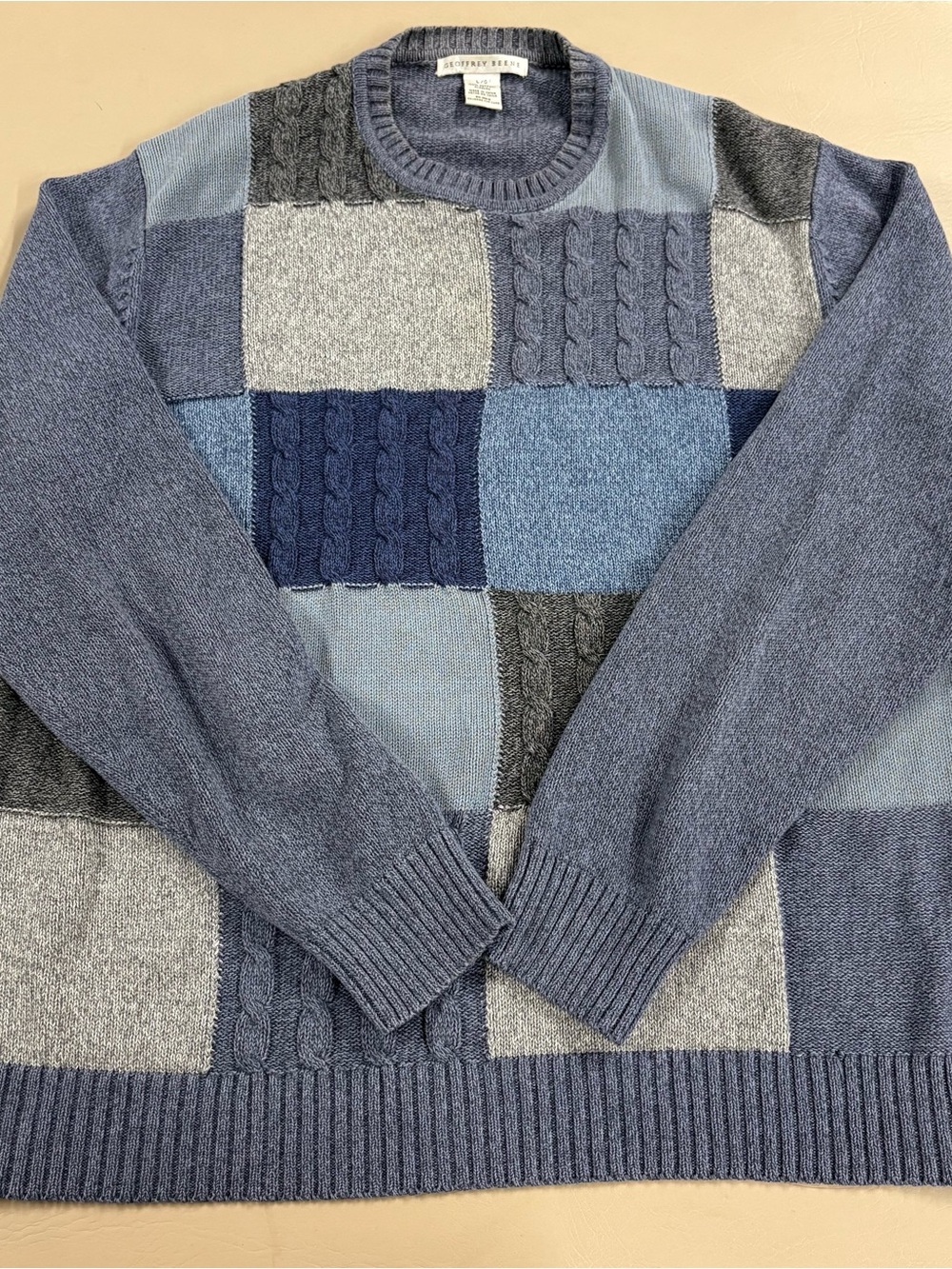 Geoffrey Beene Blue Gray VTG Classic Patchwork Grandpa Sweater Men's Size L